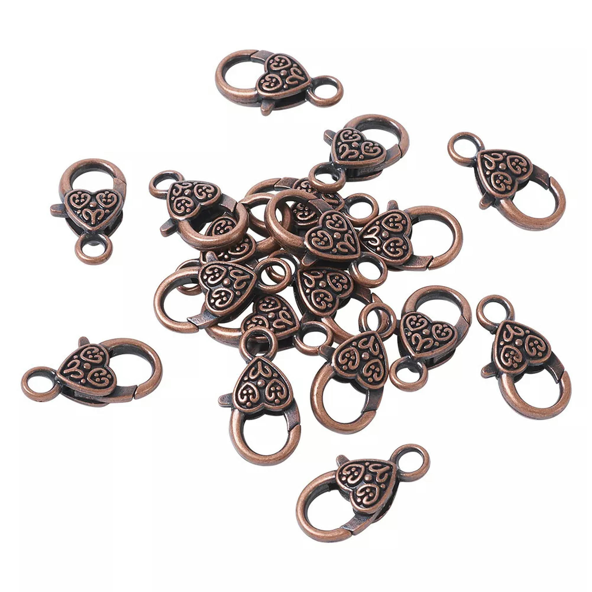 U8MO 50pcs Tibetan Alloy Heart Lobster Claw Clasps Red Copper Trigger Closure 25.5mm