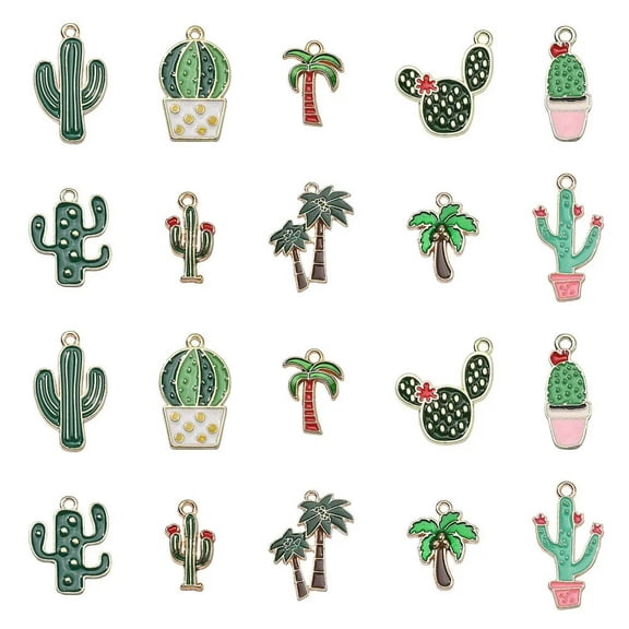 U8MO 50x Enamel Coconut Tree Green Cactus Plant Charms Pendants for Jewelry Making
