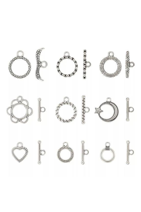 54x Antique Silver Flower Ring Heart Tibetan Style Alloy Toggle Clasps 15~20.5mm