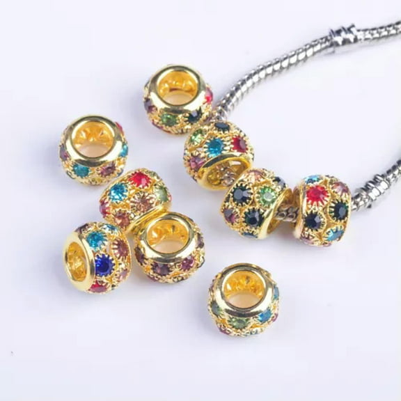 U8MO 5pcs 11x8mm Round Gold/Silver Metal Crystal Rhinestones Loose Big Hole Beads-Gold