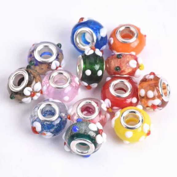 U8MO 5pcs 15mm Handmade Flower Murano Lampwork Glass European Charm Big Hole Beads-Random Mixed