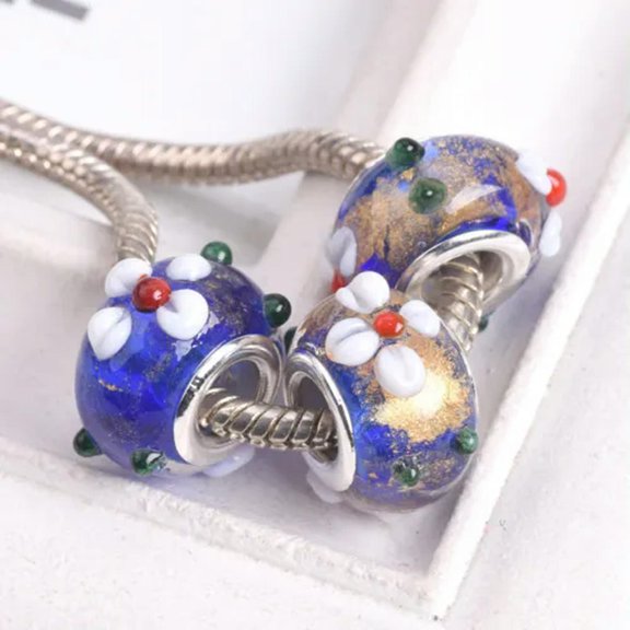 U8MO 5pcs 15x9mm Round Flower Patterns Handmade Murano Lampwork Glass Big Hole Beads-Blue