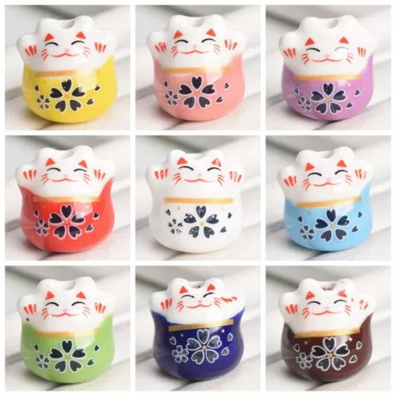 U8MO 5pcs 16mm Fortune Cat Raise Claws Ceramic Loose Beads For Jewelry Making-Random Mixed