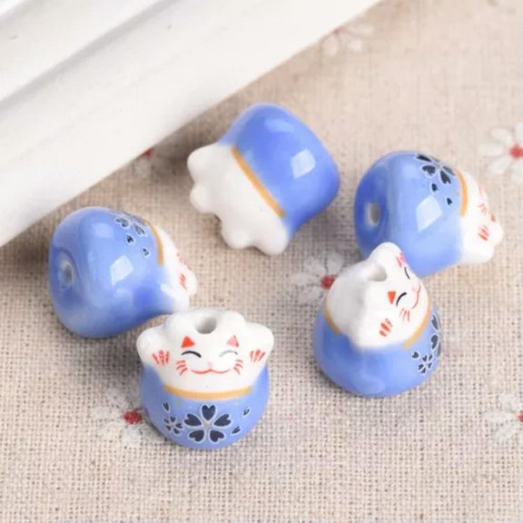 U8MO 5pcs 17mm Fortune Cat Raise Claws Ceramic Loose Beads for Jewelry Making-Light Blue