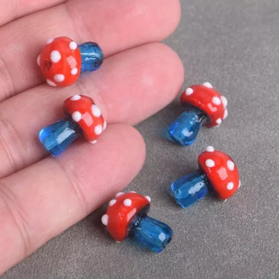 U8MO 5pcs Colorful Mushroom 17x13mm Handmade Lampwork Glass Loose Beads DIY Jewelry-Red Lake Blue