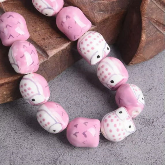 U8MO 5pcs Fish Shape 12x15mm Handmade Painting Ceramic Porcelain Loose Beads-Pink
