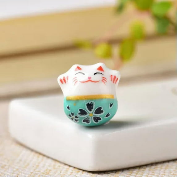 U8MO 5pcs Fortune Cat Raise Claws 14mm Loose Ceramic Beads for Jewelry Making-Lake Green-Cross Hole