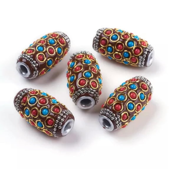U8MO 5pcs Handmade Beaded Indonesia Clay Beads Oval Large Hole Loose Beads 32x16.5mm-Coconut Brown