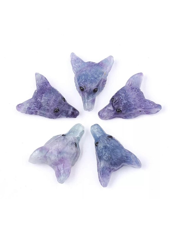 5pcs Natural Fluorite Gems Pendants Wolf Head Smooth Stone Charms Craft 30~34mm