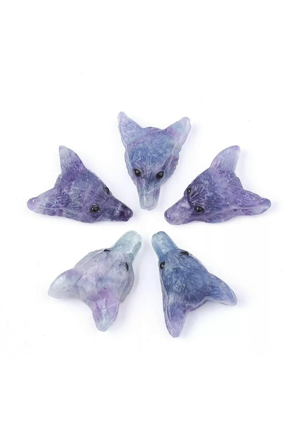 5pcs Natural Fluorite Gems Pendants Wolf Head Smooth Stone Charms Craft 30~34mm
