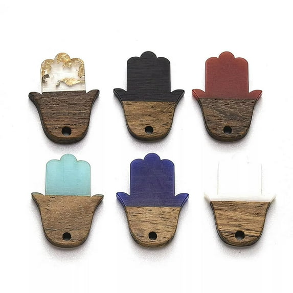 U8MO 5pcs Resin & Walnut Wood Hamsa Hand Pendants Palm Charms DIY Jewelry 25x18.5mm