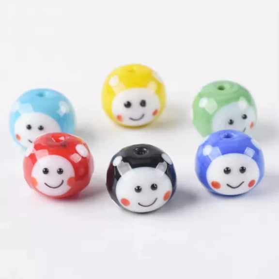 U8MO 5pcs Smile Face Round 14x11mm Handmade Lampwork Glass Loose Beads DIY Jewelry-Random Mixed