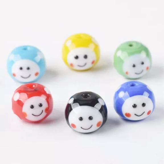U8MO 5pcs Smile Face Round 14x11mm Handmade Lampwork Glass Loose Beads DIY Jewelry-Random Mixed