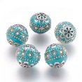 thumbnail image 1 of U8MO 5x Handmade Round Indonesia Bead With Metal Pattern For Jewelry Making 19.5x19mm-DarkTurquoise, 1 of 2