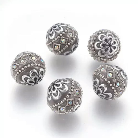 U8MO 5x Handmade Round Indonesia Bead With Metal Pattern For Jewelry Making 19.5x19mm-Gray