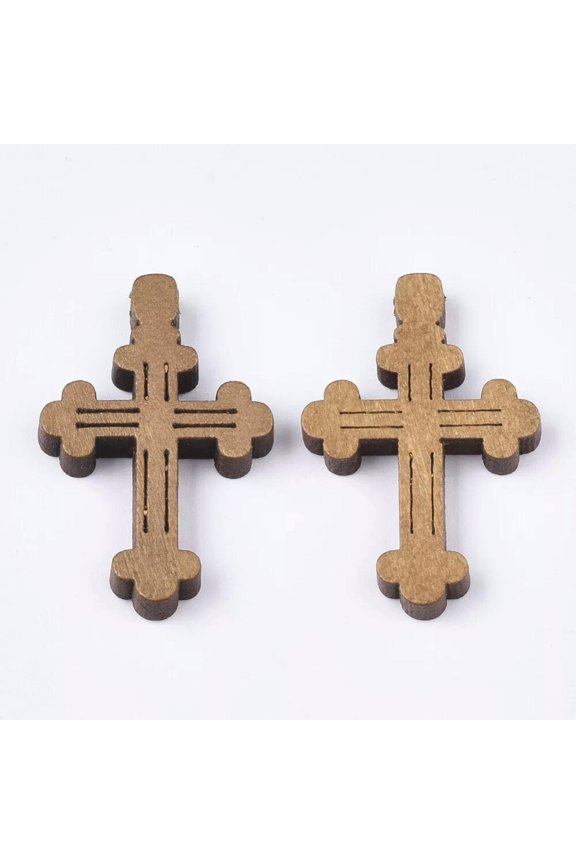 6 Cross Pendants Wood Charms Christian Catholic Religious Brown 33mm Jewelry