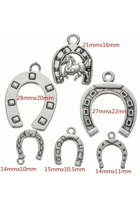 6 Horseshoe Charms Lucky Good Luck Pendants Western Equestrian Silver Mix