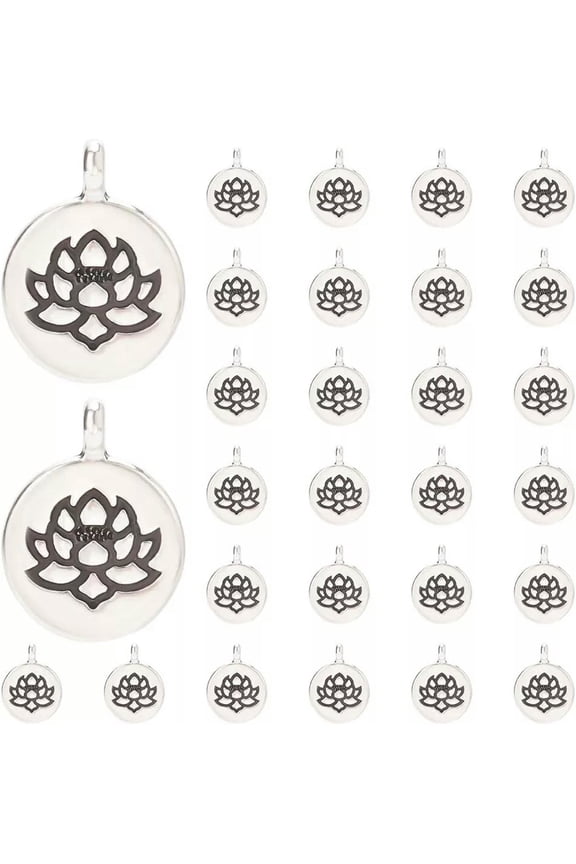6 Lotus Charms Meditation Antiqued Silver Zen Flower Pendants 15mm Engraved