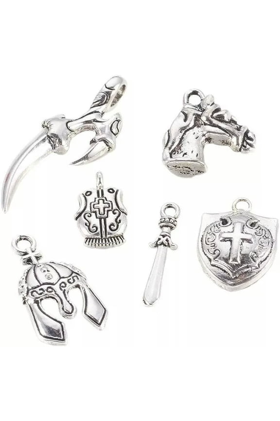6 Medieval Pendants Antique Silver Tone Warrior Charms Mixed Lot Assorted Set