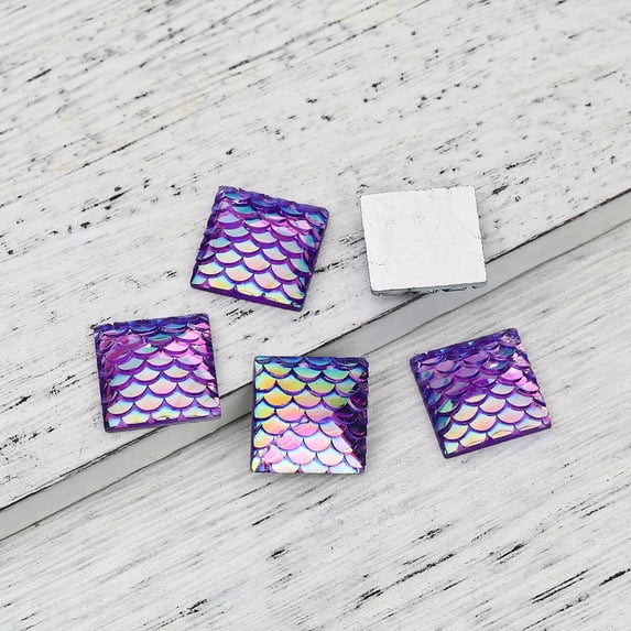 U8MO 6 Mermaid Scale Cabochons 12mm Flatbacks Domed Square Dragon Fairy Tale Purple
