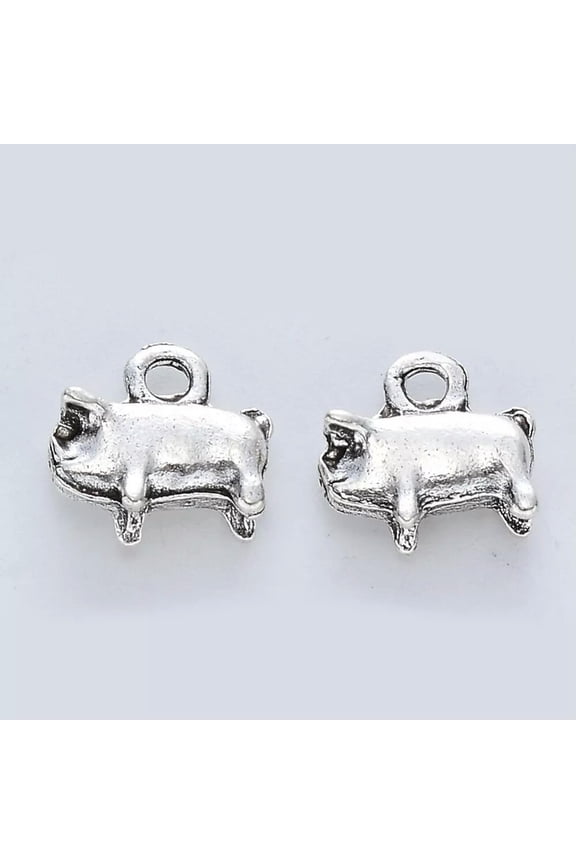6 Pig Charms Antiqued Silver Farm Animal Pendants 2 Sided Stock Show Jewelry