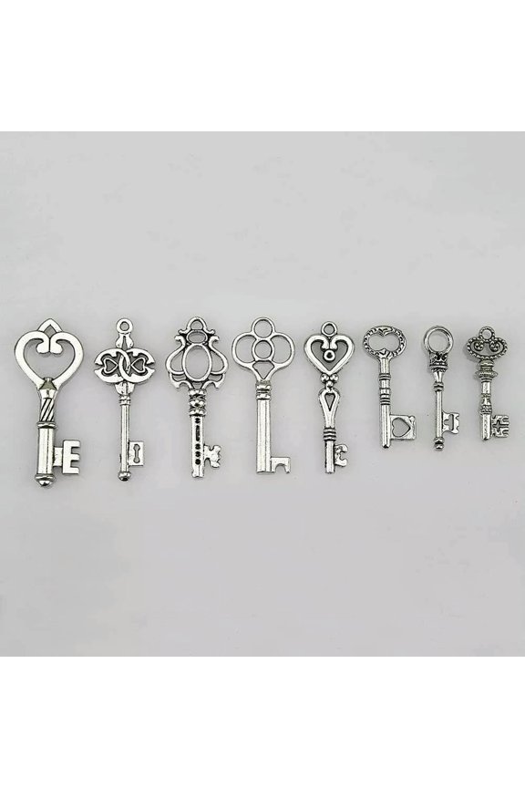 6 Skeleton Key Pendants Antiqued Silver Assorted Steampunk Charms Wedding Keys