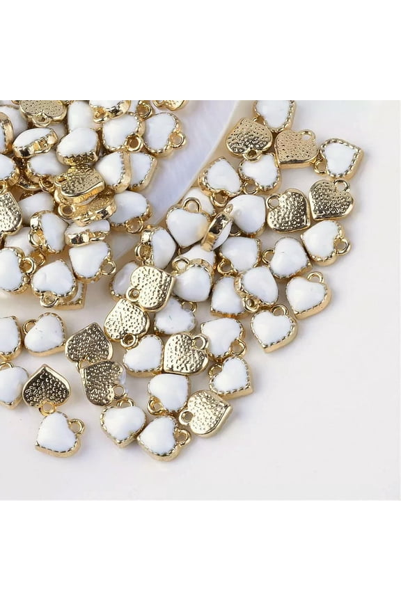 6 Tiny Heart Charms Enamel Gold White Love Findings Dangles Miniature
