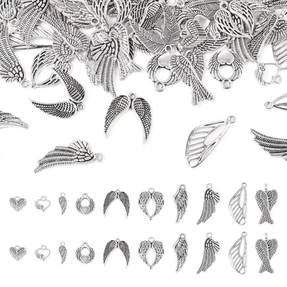 U8MO 60PCs Antique Silver 6pcs/style Tibetan Style Wing Alloy Pendants Charms 12~29mm