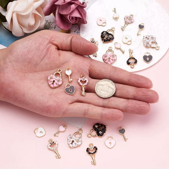 U8MO 60pc Heart Key Lock Alloy Enamel Pendants Light Gold Plated Metal Charms 13~23mm