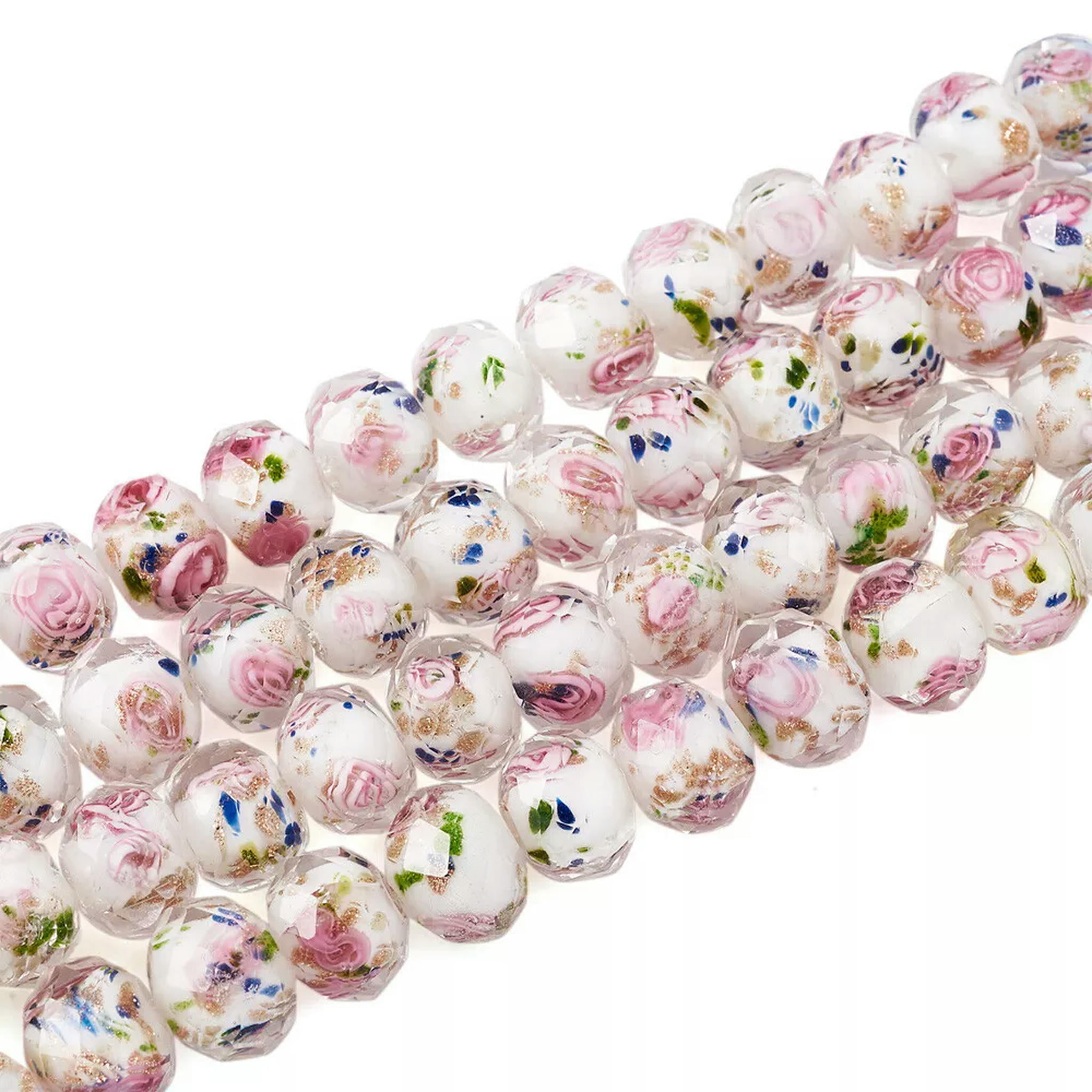 U8MO 60pc/Strd Faceted Rondelle Handmade Gold Sand Lampwork Inner Flower Beads 9~10mm