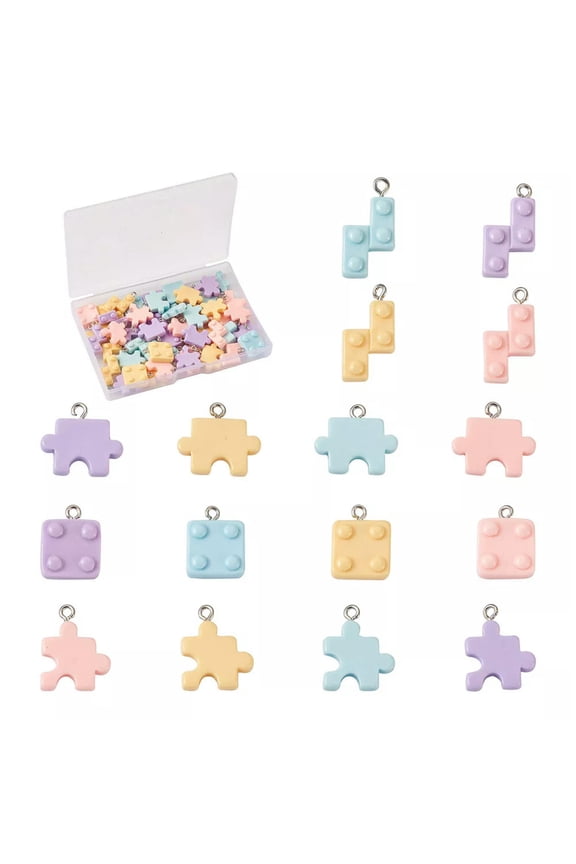 64pc Puzzle Building Blocks Plastic Pendants Smooth Cute Dangle Charms 16.5~24mm