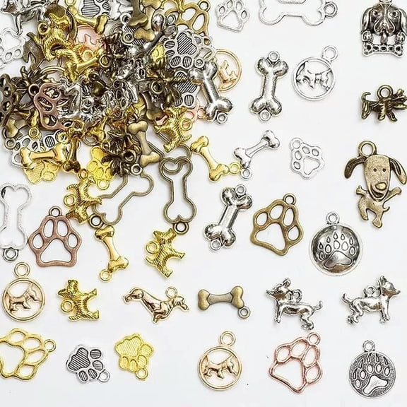 U8MO 7 Dog Charms Puppy Pendants Assorted Charms Lot Paw Print Bronze Silver Gold