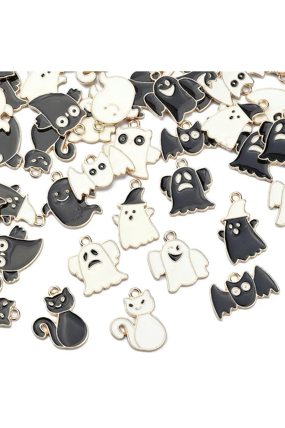 70x Halloween Black White Ghost Spirit Cat Bat Charm Pendants for Jewelry Making