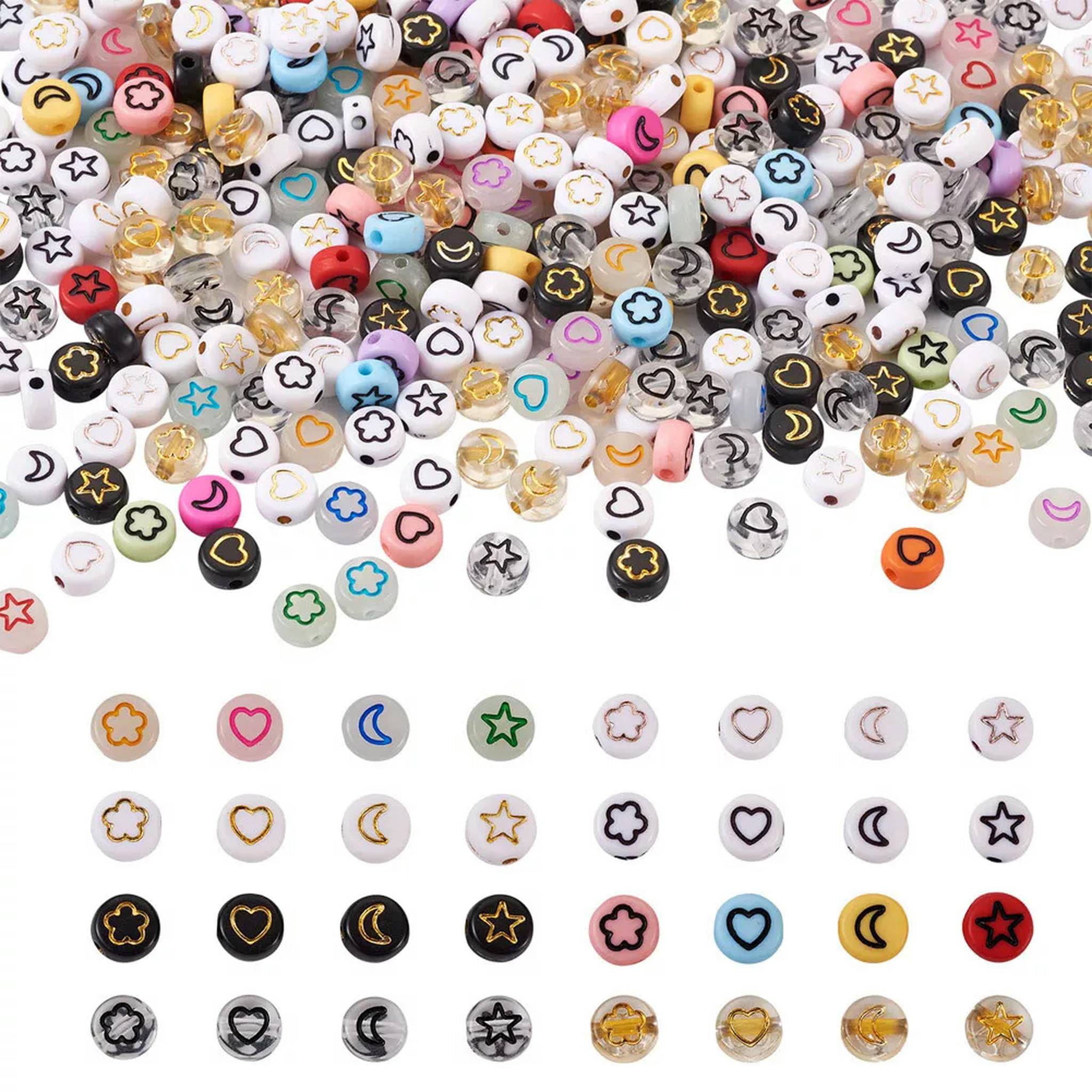 U8MO 940pc 7mm Flat Round with Moon Heart Flower Star Acrylic Pony Disc Spacer Beads