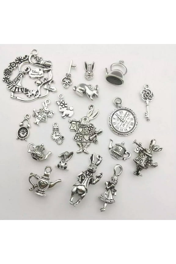 Alice in Wonderland Charms Set Antiqued Silver Themed Pendants Fairy Tale 40pcs