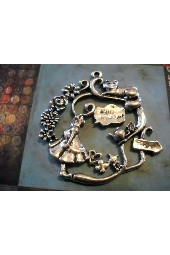 Alice in Wonderland Pendant Antiqued Silver Fairy Tale Charm Focal Pendant 1.5"