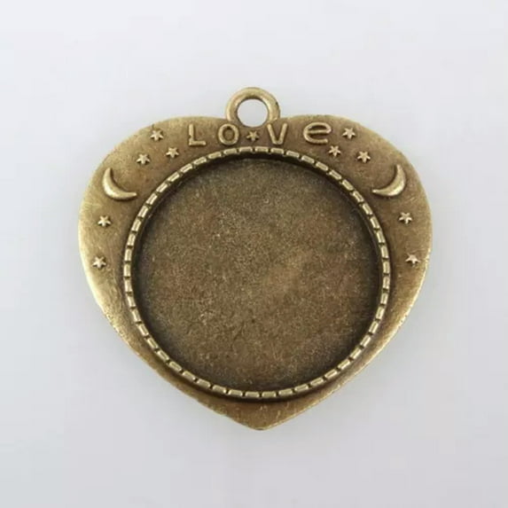 U8MO Antique Bronze Flat Round Tray Pendant Cabochon Blank Bezel Settings Nickel Free-Heart,25mm ,10pcs