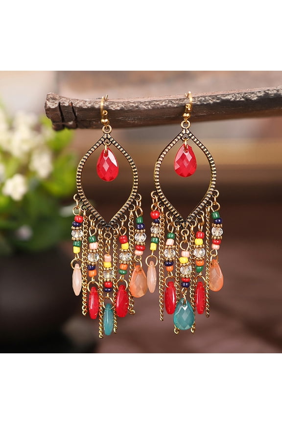 Bohemian Ethnic Tibetan Crystal Rhinestones Dangle Tassels Hook Earrings DIY-Colorful