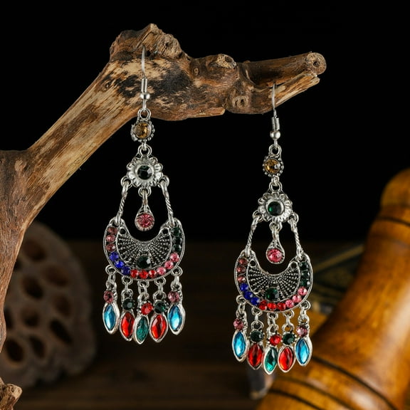 U8MO Bohemian Ethnic Tibetan Silver Crystal Rhinestones Dangle Tassels Hook Earrings-Colorful