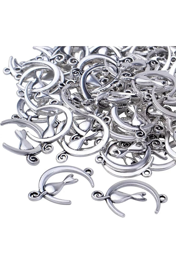 Cat Charms Moon Pendants Halloween Jewelry Supplies 21mm Silver 10pc