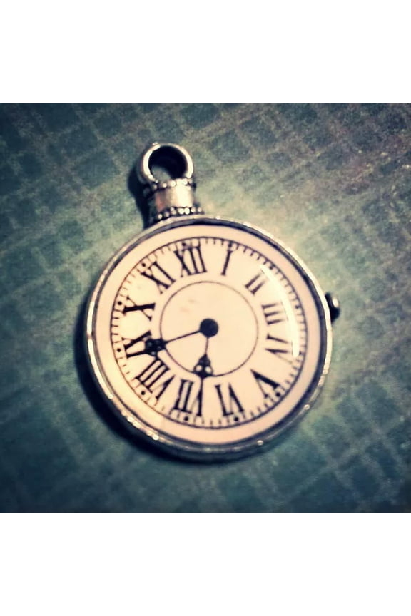 Clock Charm Antiqued Silver Steampunk Pendant Enameled Pocket Watch