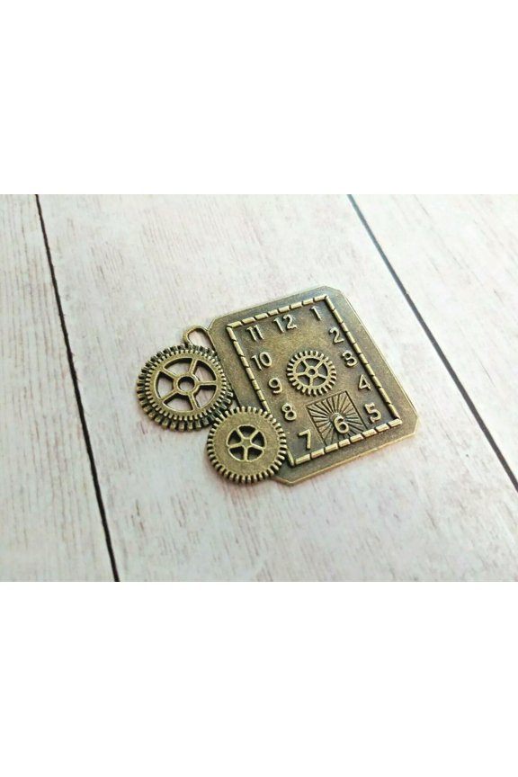 Clock Pendant Antiqued Bronze Steampunk Gears Rectangle Focal Piece Large 40mm