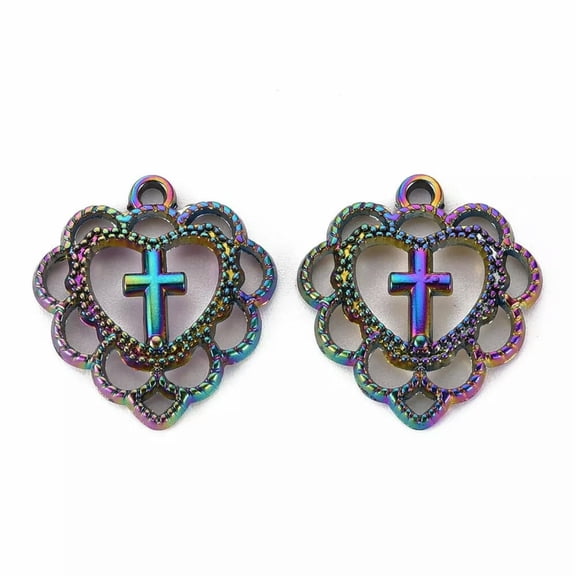 U8MO Cross Heart Charms Rainbow Metal Religious Pendants Christian Findings 22mm 2pcs