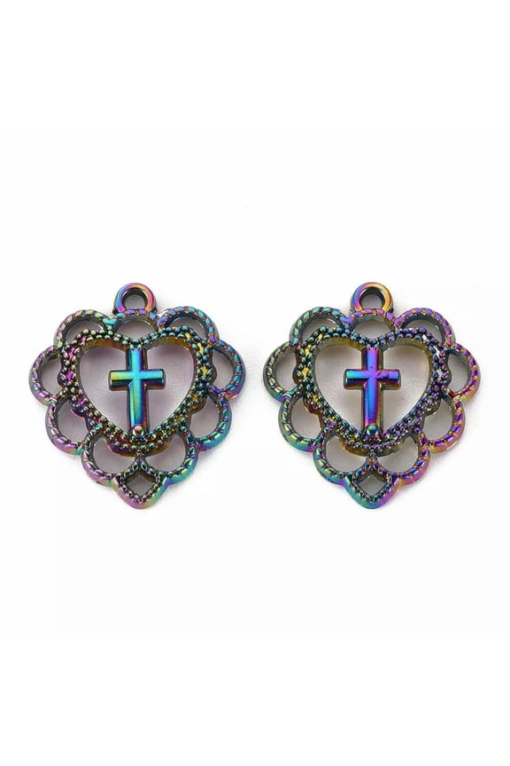 Cross Heart Charms Rainbow Metal Religious Pendants Christian Findings 22mm 2pcs