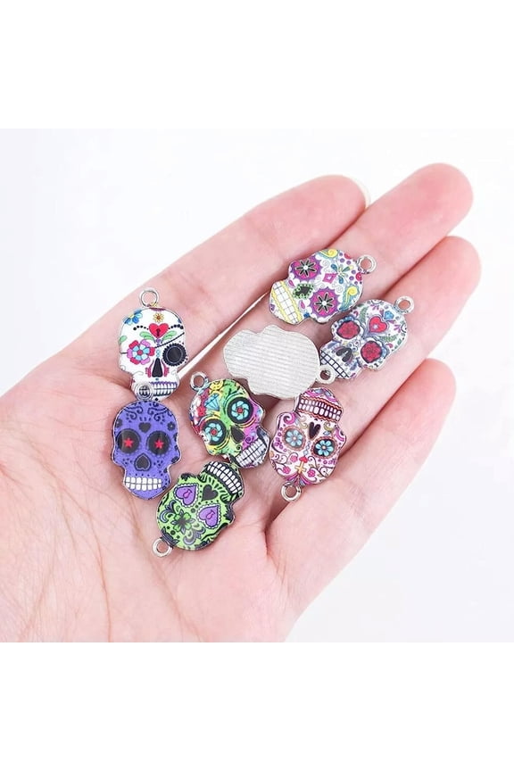 Enamel Skull Charms Skeleton Pendants Silver Assorted Calavera Day of Dead 25pcs