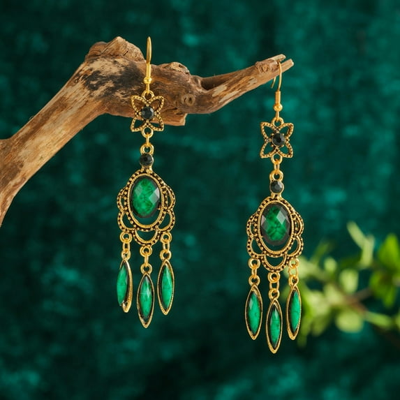 U8MO Ethnic Bohemian Bronze Color Opaque Rhinestones Tassels Dangle Hook Earrings-Green