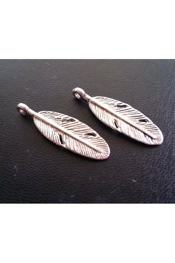 Feather Charms Antiqued Silver Western Pendants Boho Findings 2 Sided 10pcs