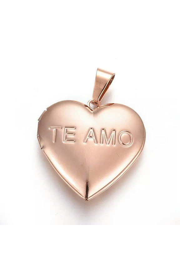 Heart Locket Pendant Rose Gold Spanish Te Amo I Love You Word Jewelry 29mm
