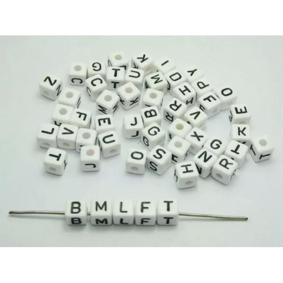 U8MO Kids Craft DIY Assorted Alphabet Letter Acrylic Cube Pony Beads 8mm 10mm-100pcs White with Black 10mm