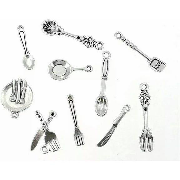 U8MO Kitchen Charms Antiqued Silver Cooking Pendants Chef Miniatures Fork Plate 10pcs